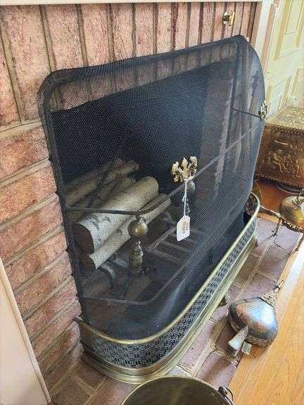 Brass fireplace fender, wire fireplace screen, brass andirons 39in wide