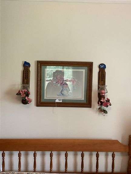 Framed floral print, and pair of votive candle sconces w/ faux flowers 20x24