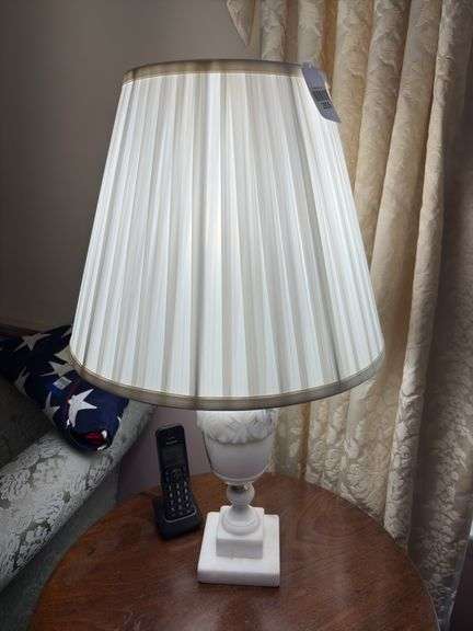 Carved marble base table lamp w/ fabric shade