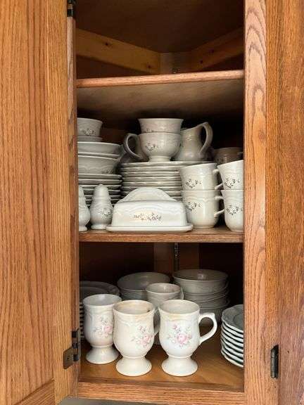 Contents of cupboard: Pfaltzgraff Heirloom dinnerware set