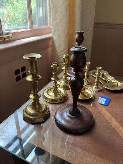 Brass and wood candleholders, wick trimmer on tray