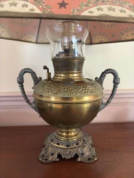 Bradley & Hubbard brass parlor lamp w/ fabric covered shade, electrified