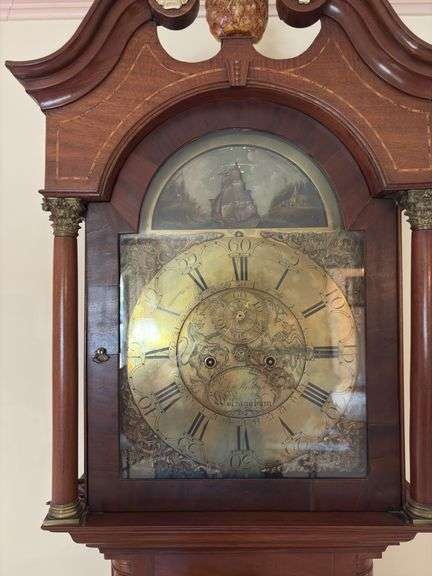 JOHN WESTON/ WOLSINGHAM tall case clock, brass face w/ rocking ship movement, case has inlaid stringing and details, ogee bracket feet 20x10x91