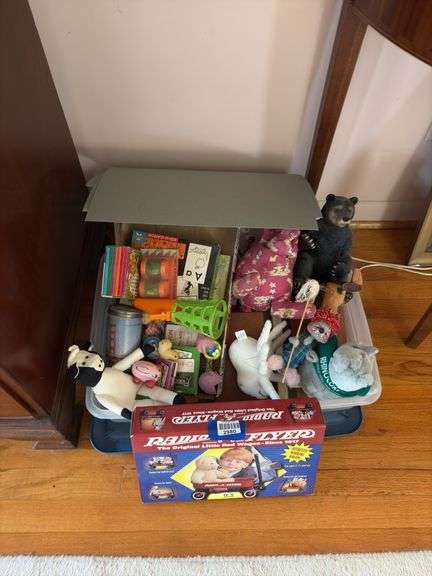Mini Radio Flyer wagon in box, Annalee mouse, cloth animals, misc toys