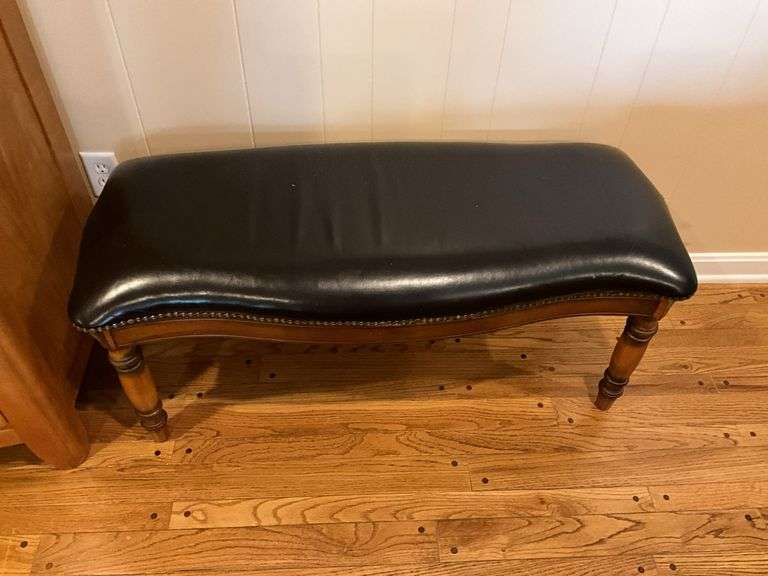 Serpentine front bench, turned lets, upholstered top w/ tack head trim 44in long