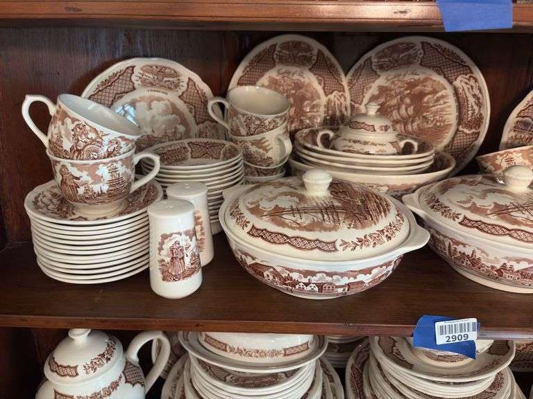 Contents of two shelves: Alfred Meakin Fair Winds pattern brown transfer dinnerware set w/ serving pcs