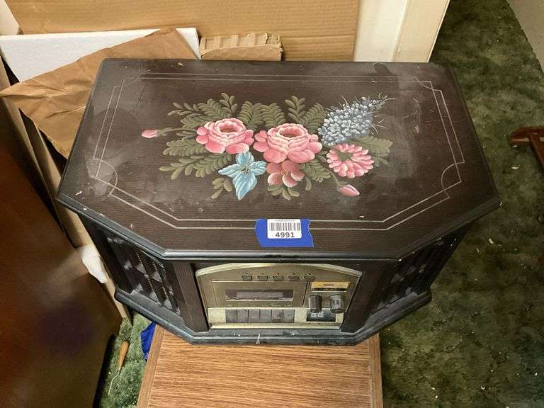Cabinet CD/record/cassette/radio w/ floral decor