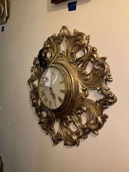 Mid-century Rococo Syroco 8-day wall clock w/ key