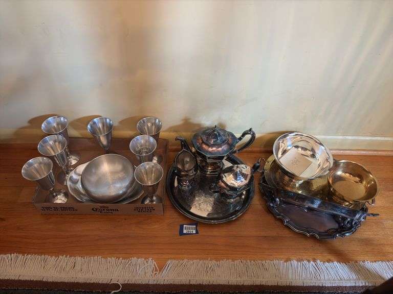 Silverplated teaset, Revere bowl and serving pcs, pewter goblets, bowls