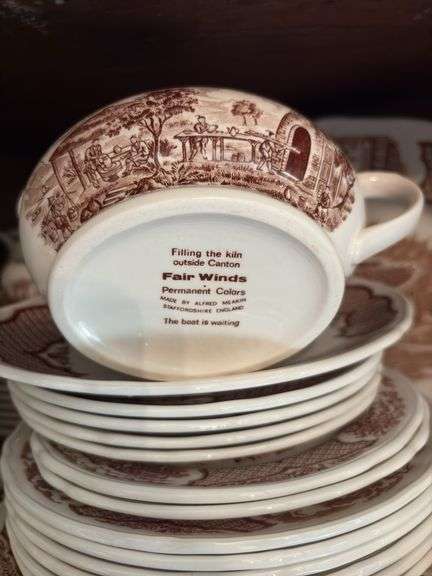 Contents of two shelves: Alfred Meakin Fair Winds pattern brown transfer dinnerware set w/ serving pcs