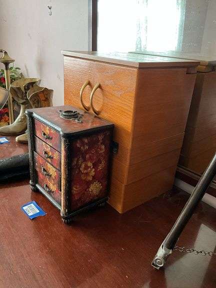Floral decorated jewelry box and oak jewelry cabinet