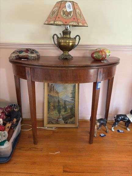 Demi-lune game table w/ inlaid diamonds, tapered legs - no contents 41x18x30