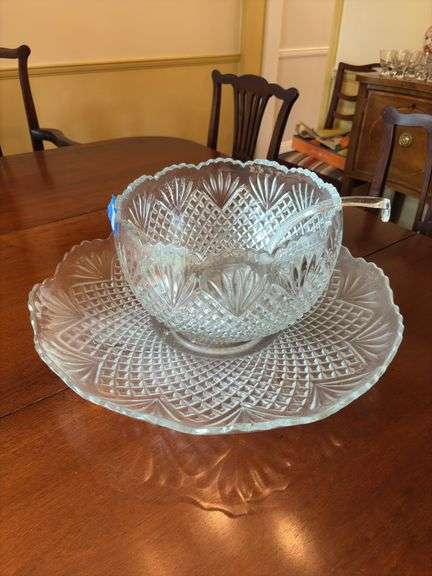 Pineapple and Fan pressed glass punch bowl and under tray w/ ladle