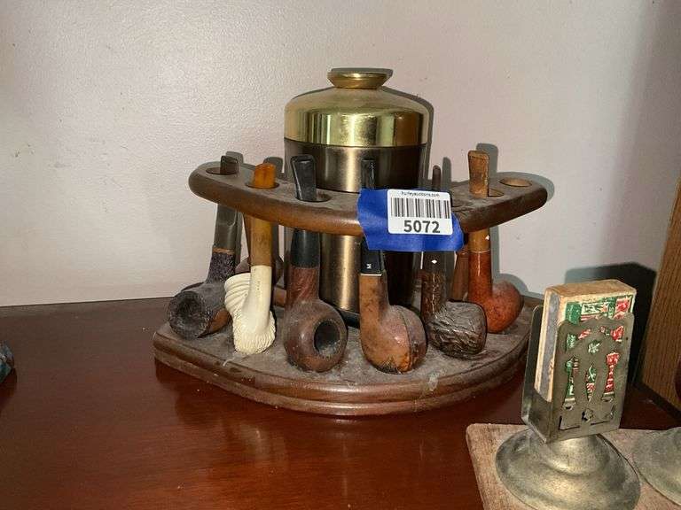 Wood/metal tobacco humidor/pipe rack w/ pipes