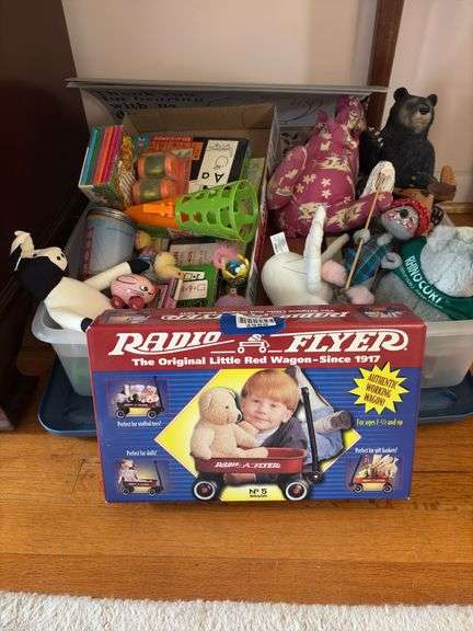 Mini Radio Flyer wagon in box, Annalee mouse, cloth animals, misc toys