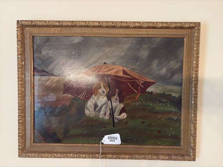 Primitive painting, dogs under umbrella, gilt frame 20x26