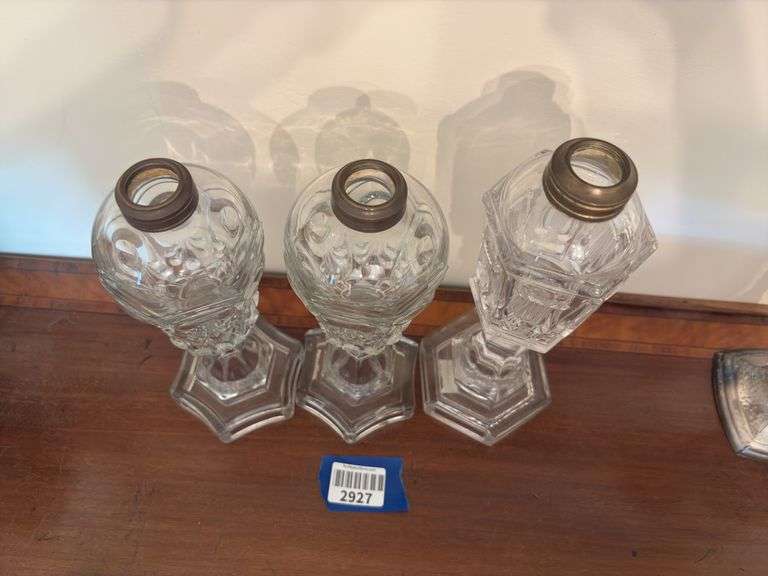 Three glass whale oil lamps - by the pc take three