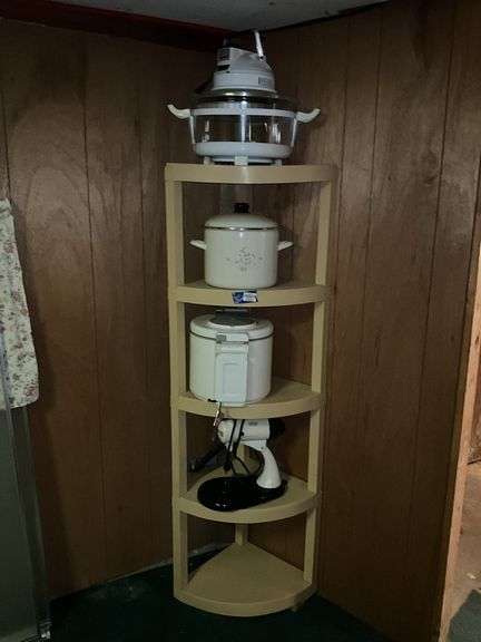 Plastic corner shelf unit and contents: convection oven, deep fryer, vintage Sunbeam Mixmaster