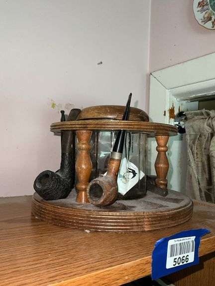 Wood and glass pipe rack/humidor w/ pipes
