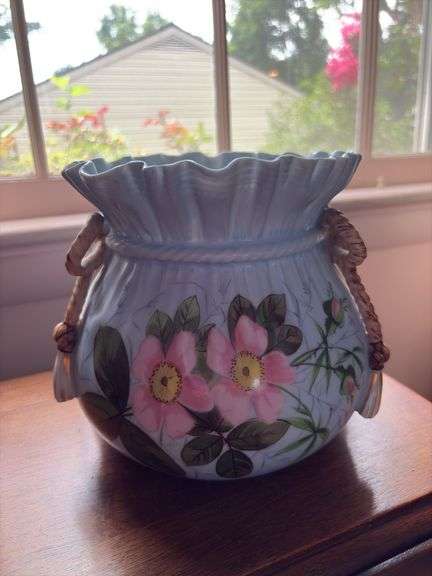 Porcelain vase shaped like draw-string bag, w/ floral and butterfly decor