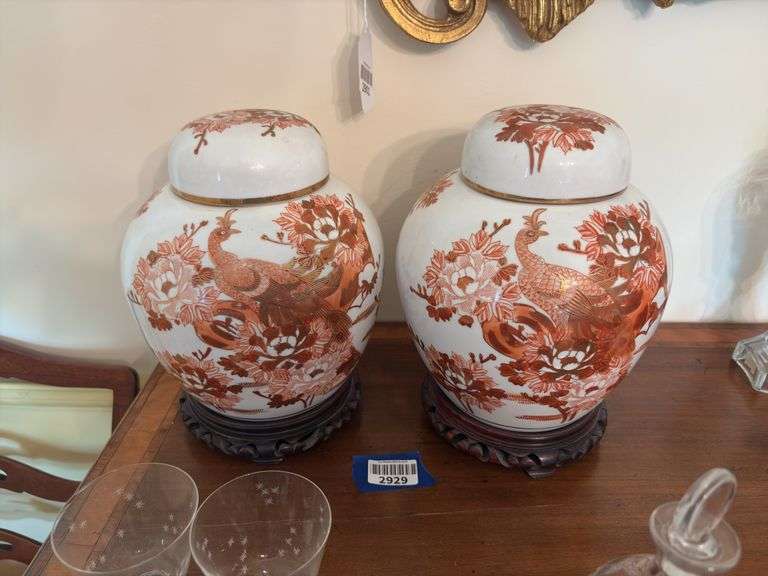 Pair porcelain ginger jars w/ peacock decor, on wooden bases
