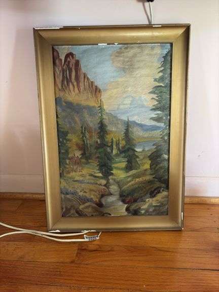 Primitive painting, landscape, gilt frame 15x21