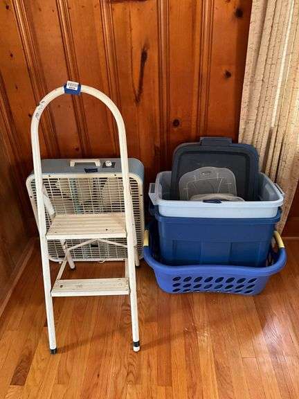 Folding step stool, box fan, plastic storage totes