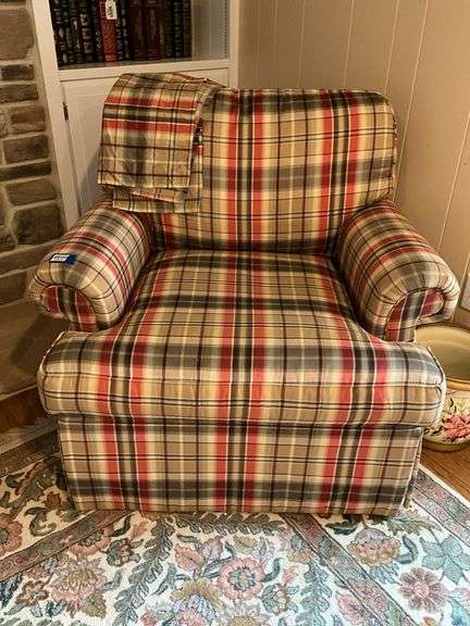 Plaid upholstered arm chair