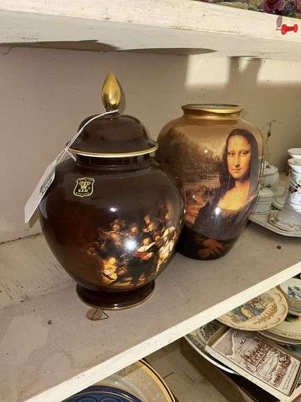 E&R Gold Crown/West Germany Rembrandt covered jar, and Mona Lisa vase