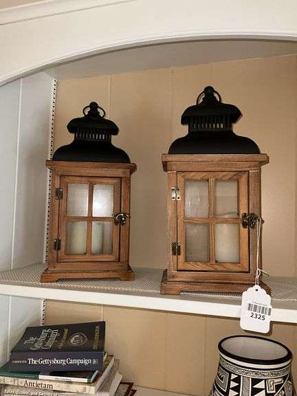 Pair of wooden candle lanterns