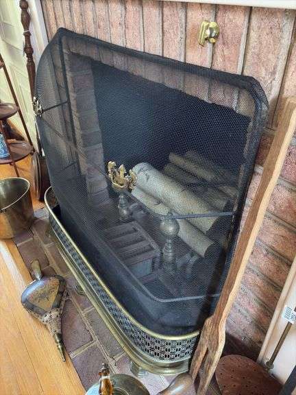 Brass fireplace fender, wire fireplace screen, brass andirons 39in wide