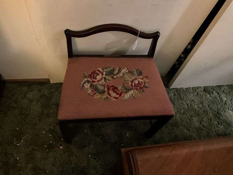 Vanity stool w/ needlepoint top