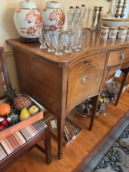 Federal style sideboard, cross banded top and fronts, inlaid ovals, square tapered legs, has bottle drawer - no contents 66x26x38 MUST COME DURING LAST 2 HOURS OF PICKUP FOR THIS ITEM