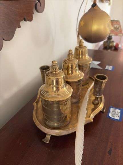 Brass inkstand w/ feather quill pen