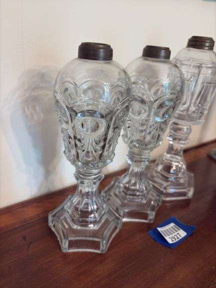 Three glass whale oil lamps - by the pc take three