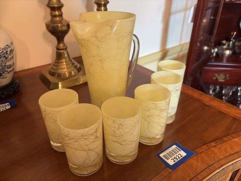 MCM mid-century modern spaghetti swirl glass pitcher and tumblers set