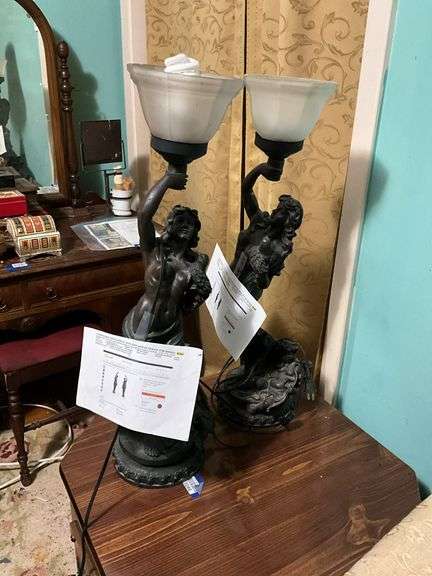 Pair Art Nouveau style figural table lamps w/ frosted glass shades - by the pc take two