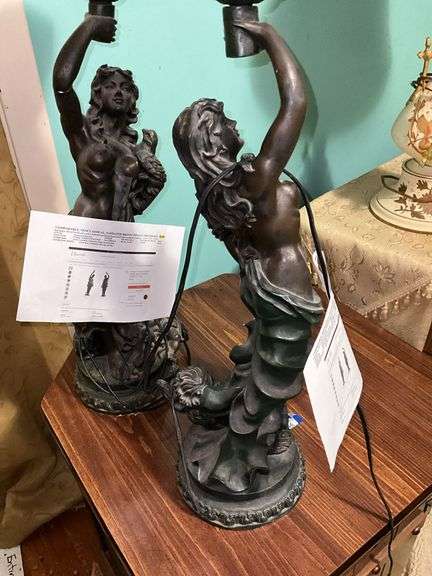 Pair Art Nouveau style figural table lamps w/ frosted glass shades - by the pc take two