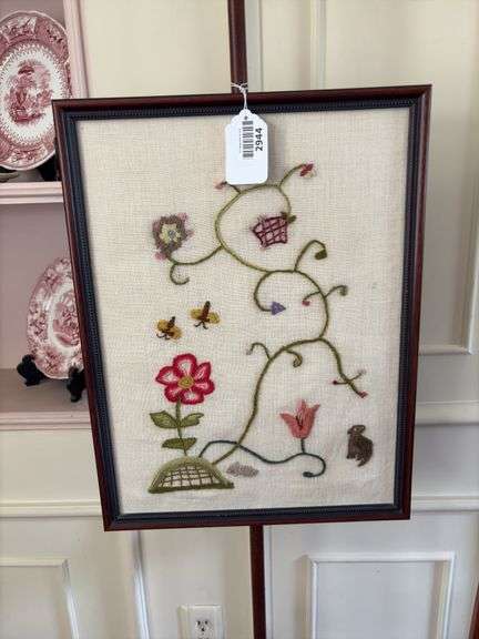 Pole firescreen w/ crewel embroidered panel