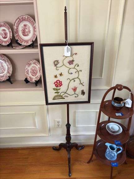 Pole firescreen w/ crewel embroidered panel