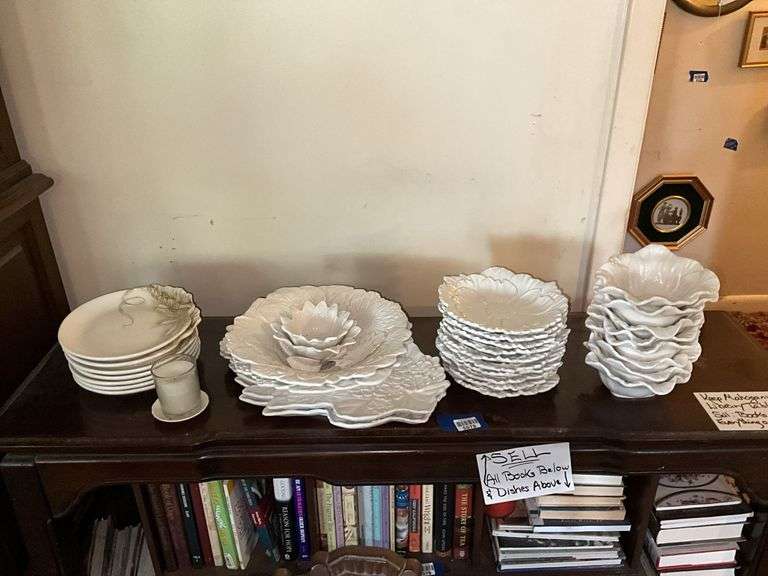 White molded floral dishes and serving pcs, votive cup