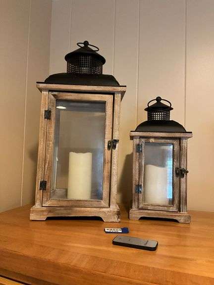 Two wooden candle lanterns w/ remote