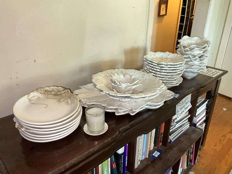 White molded floral dishes and serving pcs, votive cup