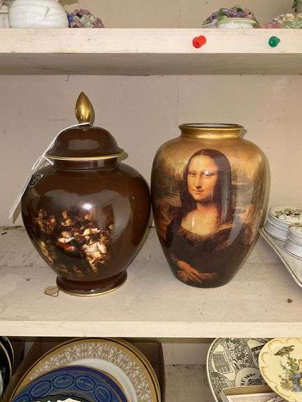 E&R Gold Crown/West Germany Rembrandt covered jar, and Mona Lisa vase