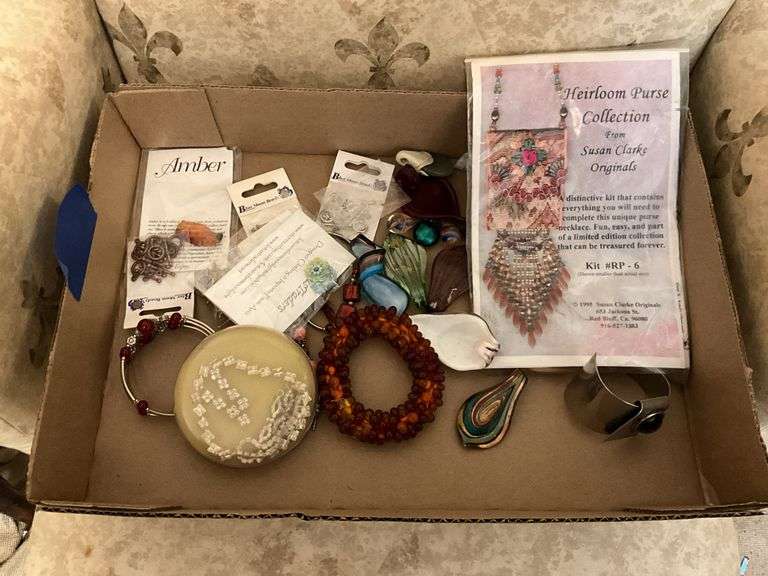 Costume jewelry: bracelets, glass pendants, Susan Clarke purse kit