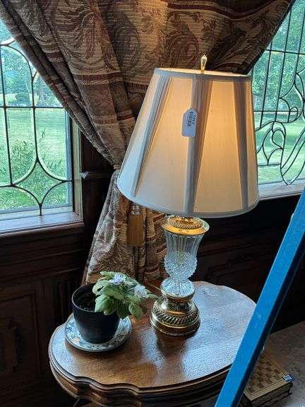 Waterford crystal table lamp w/ crystal finial, fabric shade, and African violet w/ underplate