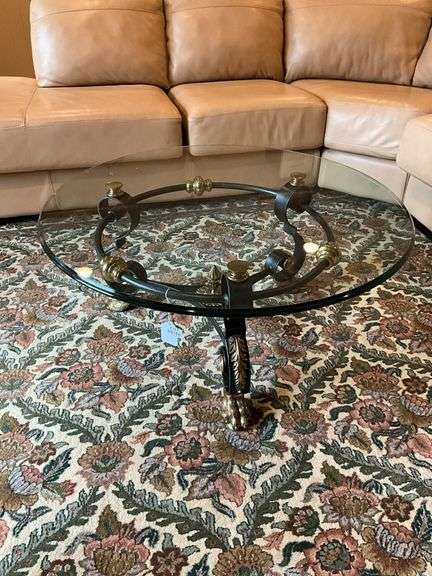 Wrought metal glass top coffee table, black w/ brass accents 36x36x17