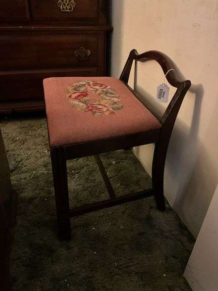 Vanity stool w/ needlepoint top