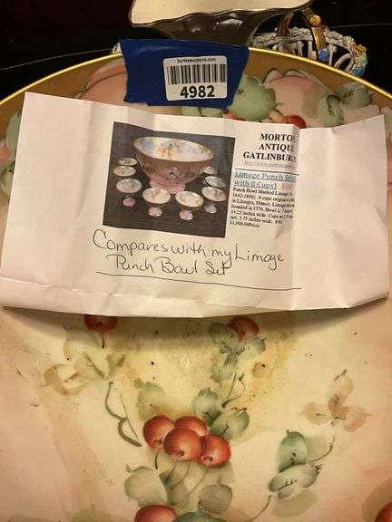 Limoges porcelain punch bowl handpainted w/ cherries and blossoms, w/ separate porcelain base