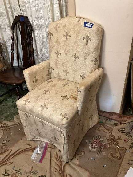 Upholstered boudoir arm chair - note stains to fabric
